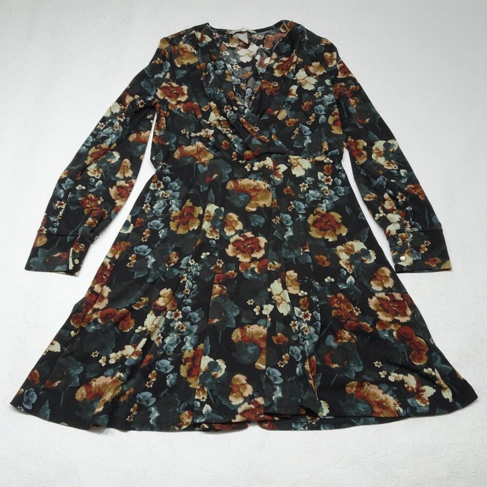 H&M Size Small Floral Print Long Sleeve Fit & Flare V Neck Faux Wrap Dress
